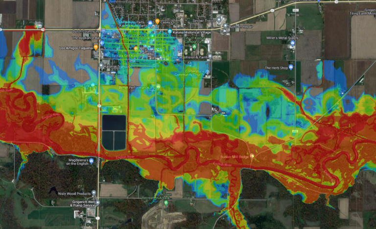 A color coded flood gradient map of Kalona, Iowa