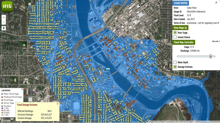 Flood maps of Cedar Rapids with damage estimates